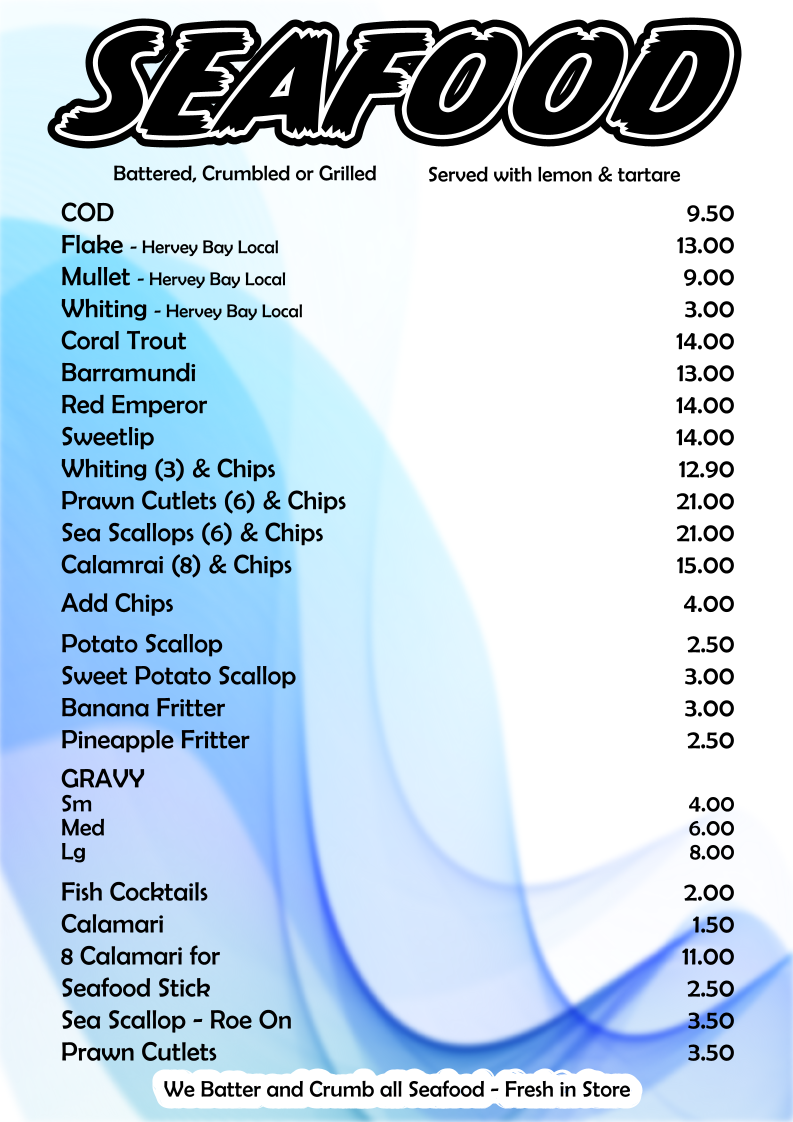Menu, Sandy's Fish Shop