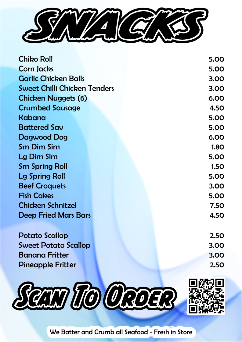 Menu, Sandy's Fish Shop