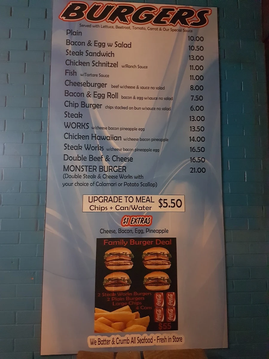 Menu, Sandy's Fish Shop