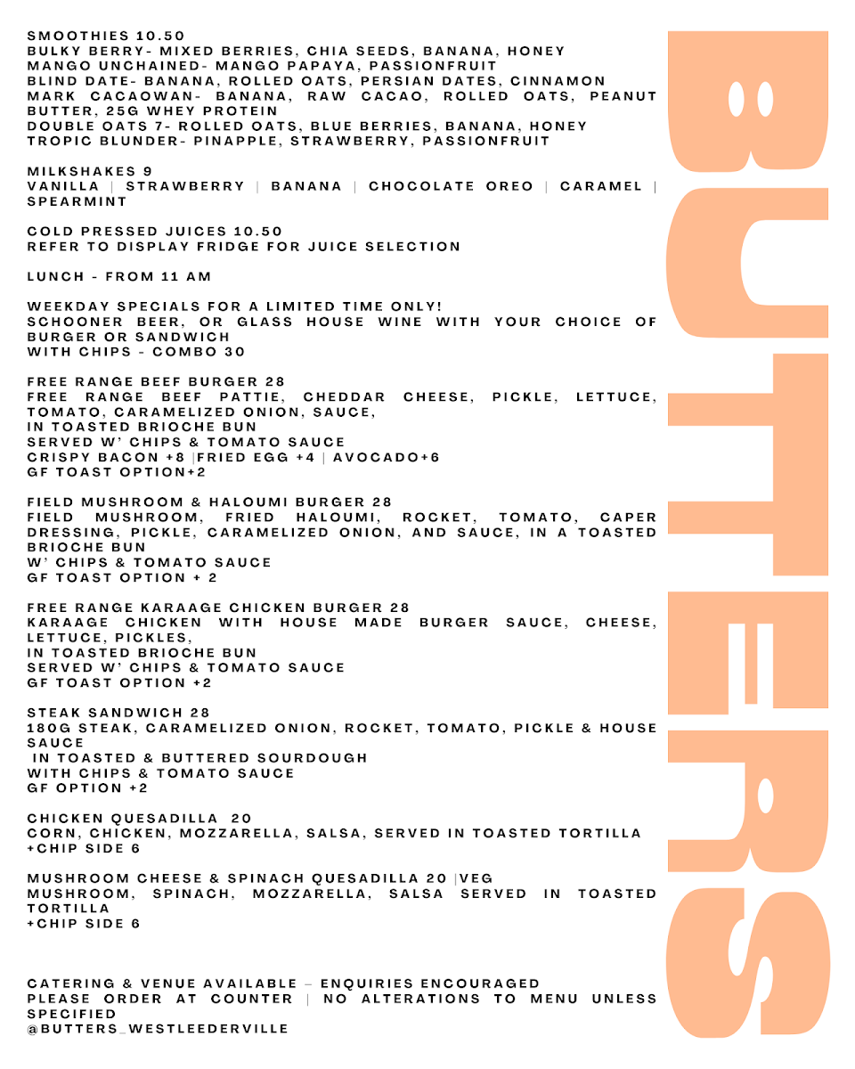 Menu, Butters West Leederville