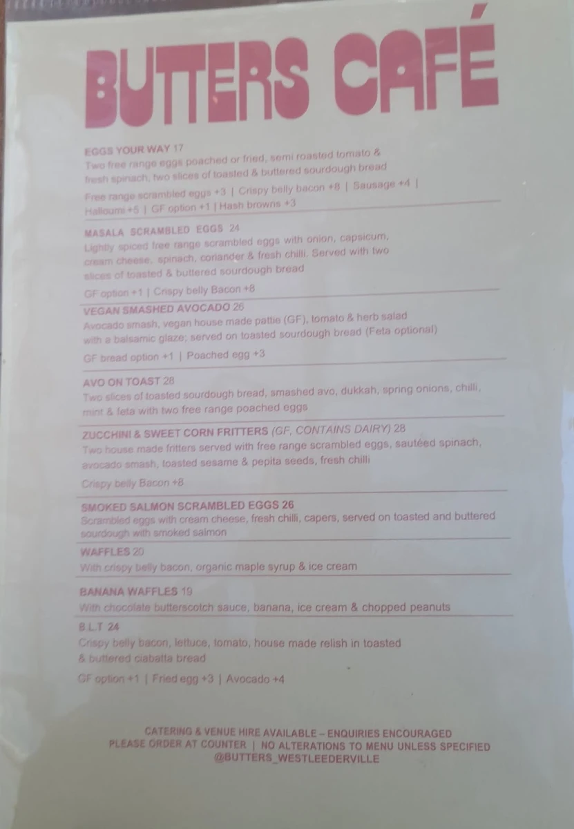 Menu, Butters West Leederville