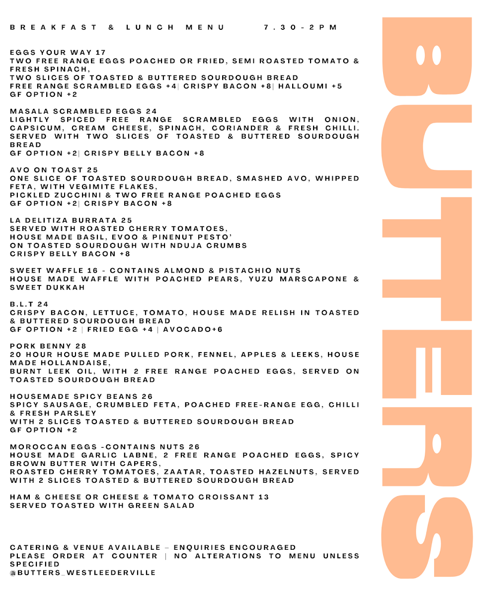 Menu, Butters West Leederville