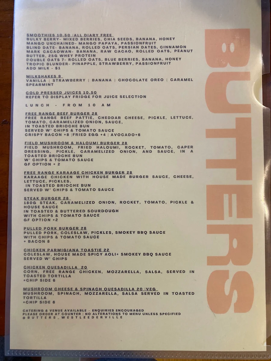 Menu, Butters West Leederville