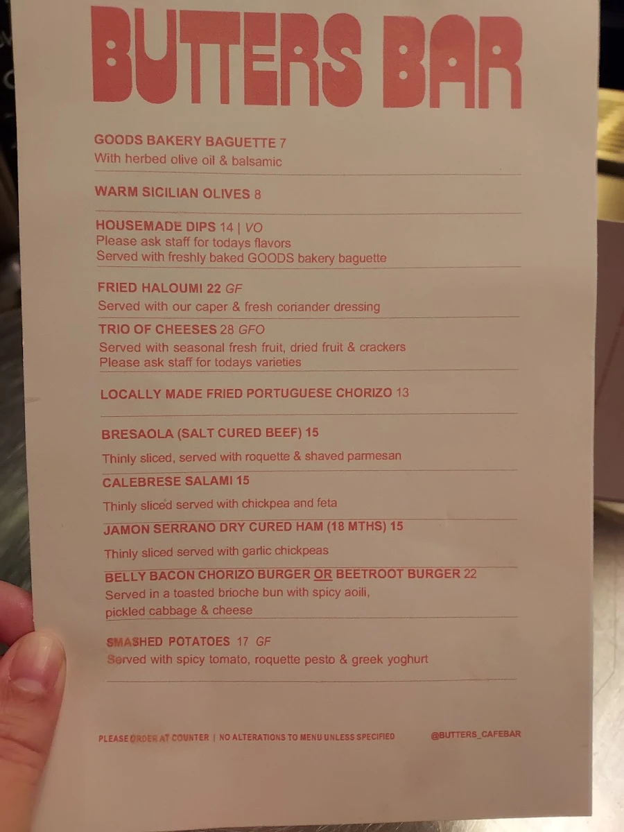 Menu, Butters West Leederville
