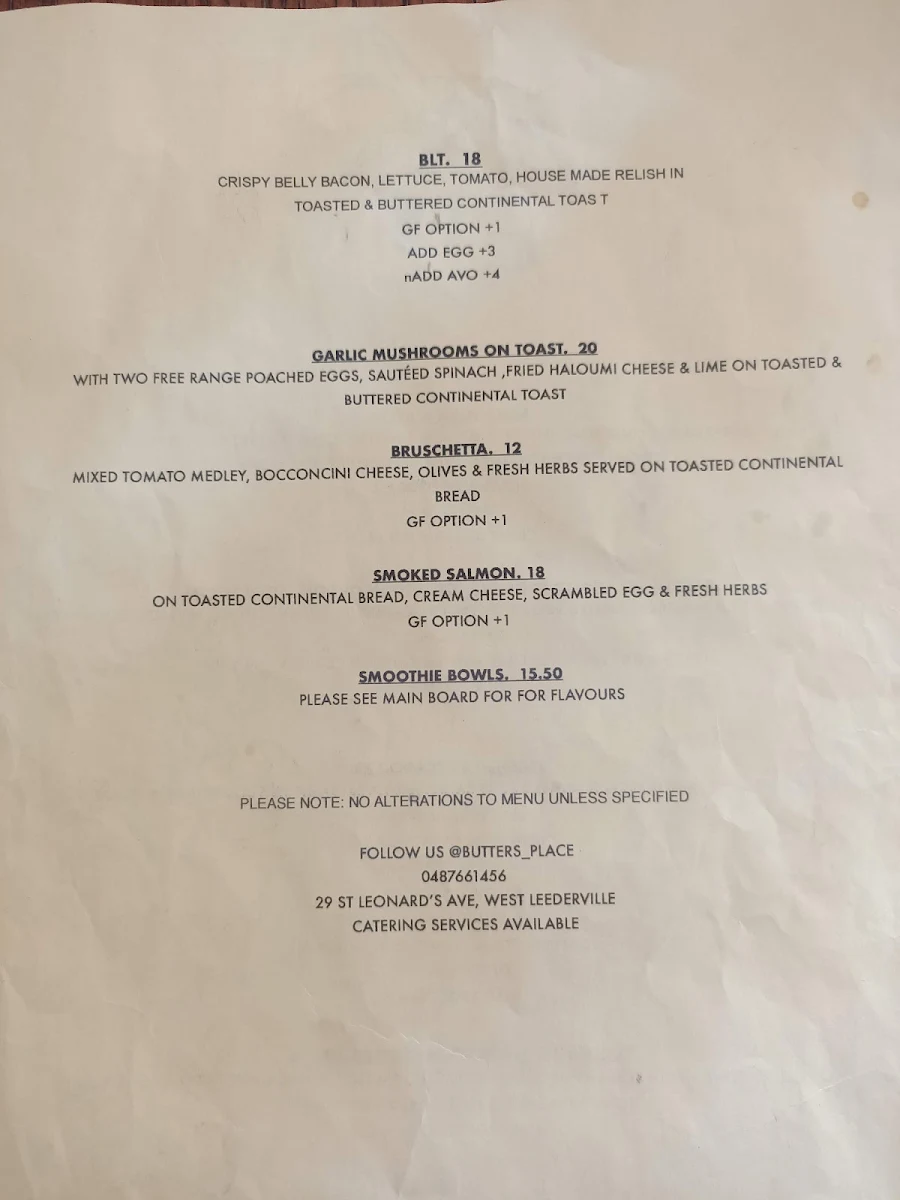 Menu, Butters West Leederville
