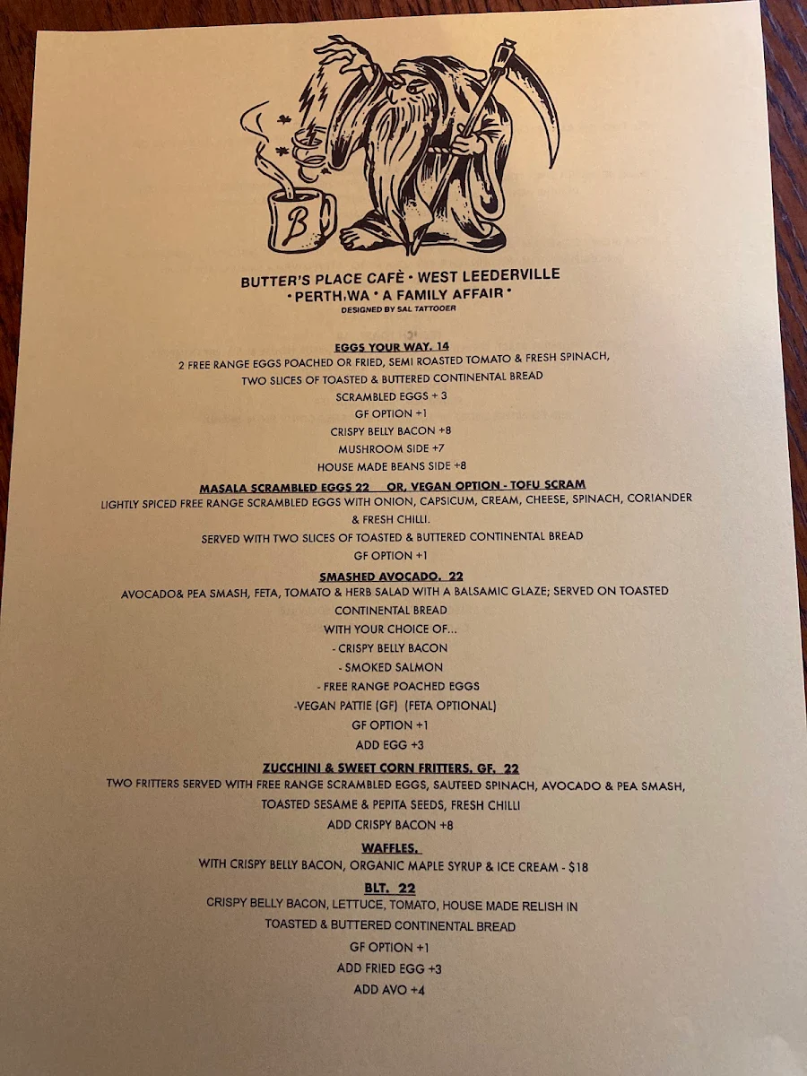 Menu, Butters West Leederville