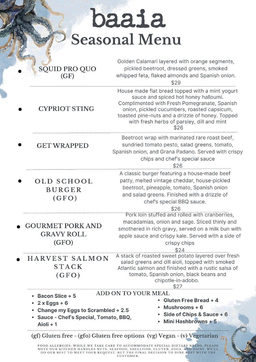 Menu, Baaia