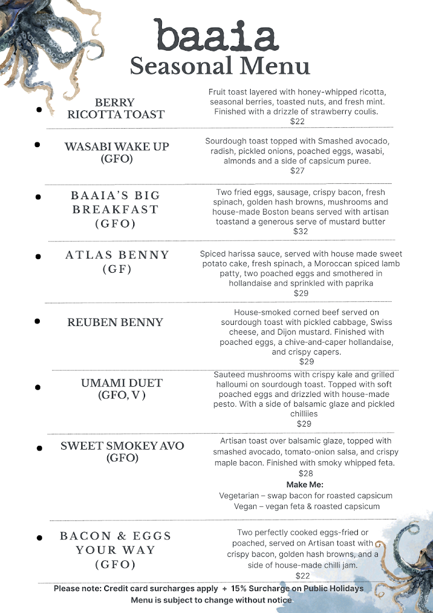 Menu, Baaia