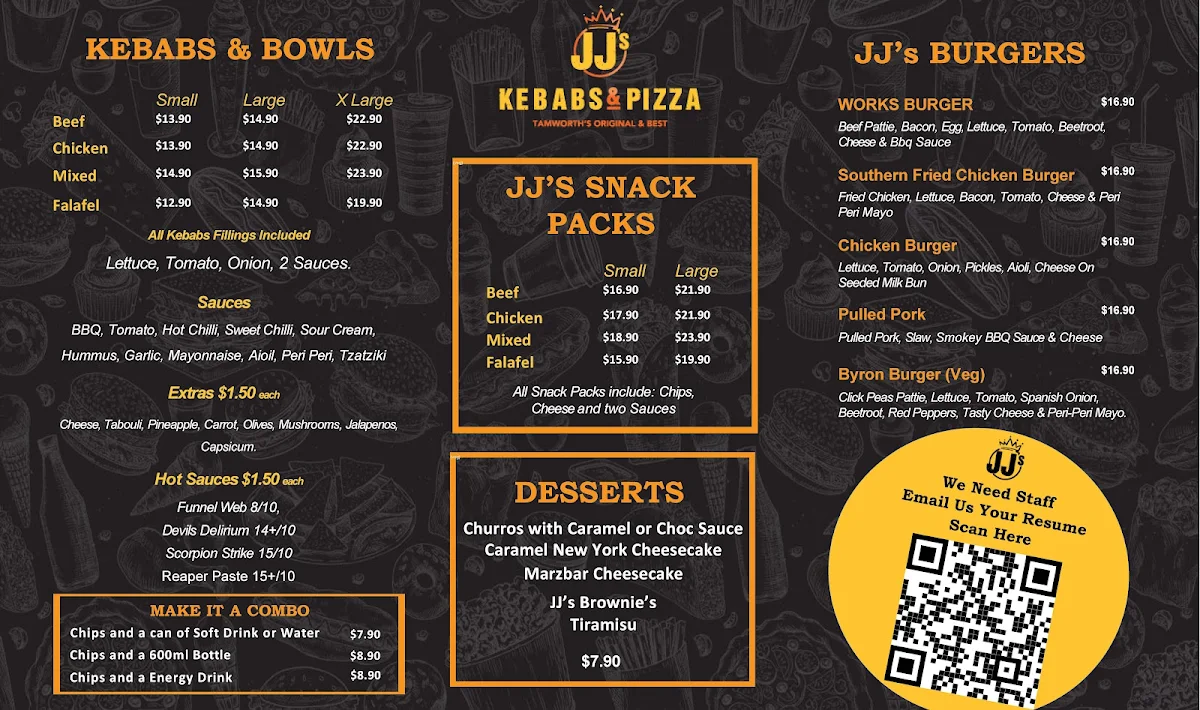 Menu, JJ's Kebabs and Pizza