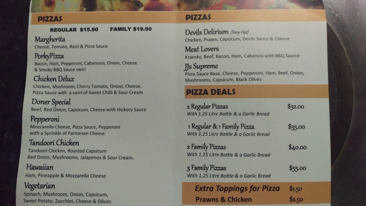 Menu, JJ's Kebabs and Pizza