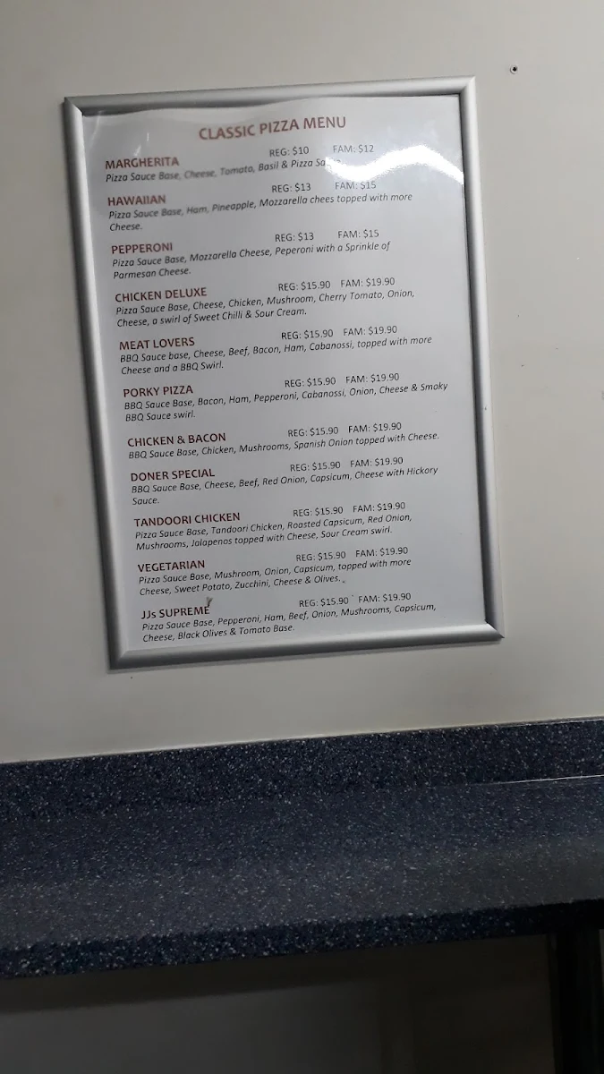Menu, JJ's Kebabs and Pizza