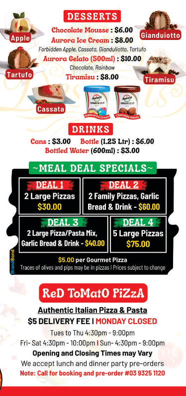Menu, Red Tomato Pizza & Pasta Yarraville