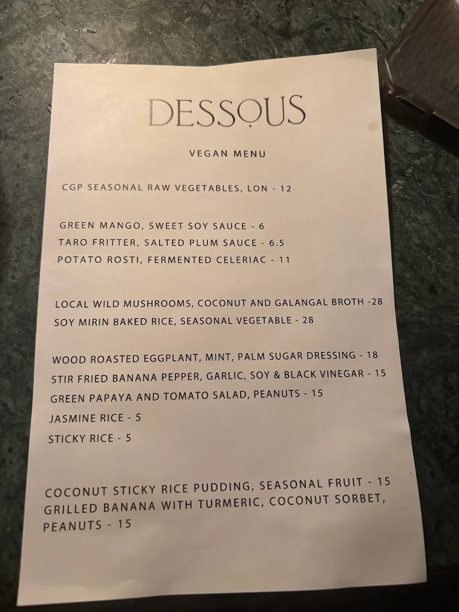 Menu, Dessous