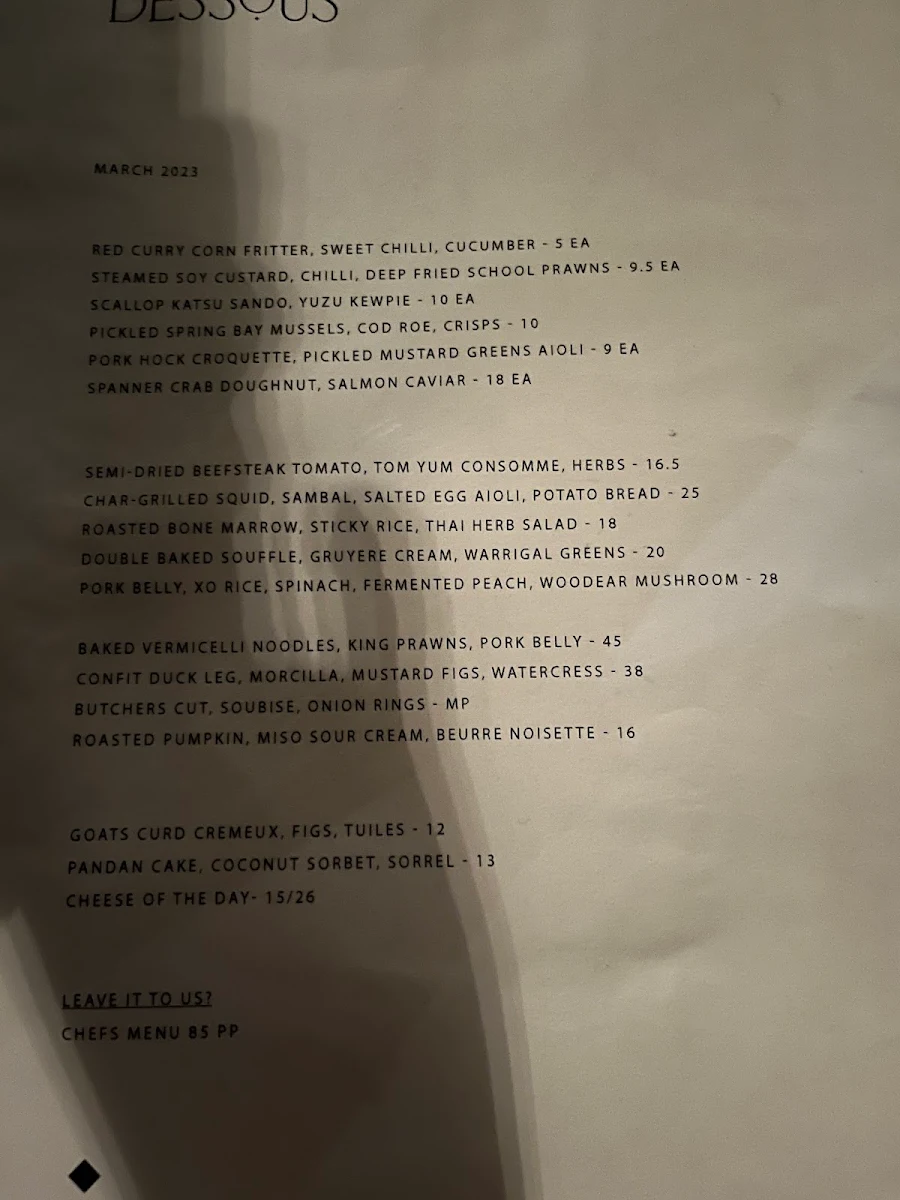 Menu, Dessous