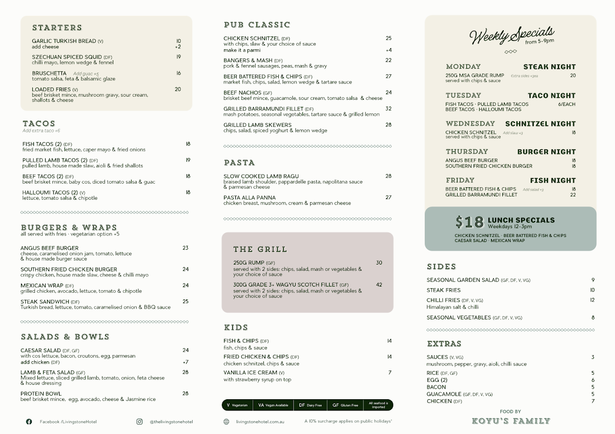 Menu, Livingstone Hotel