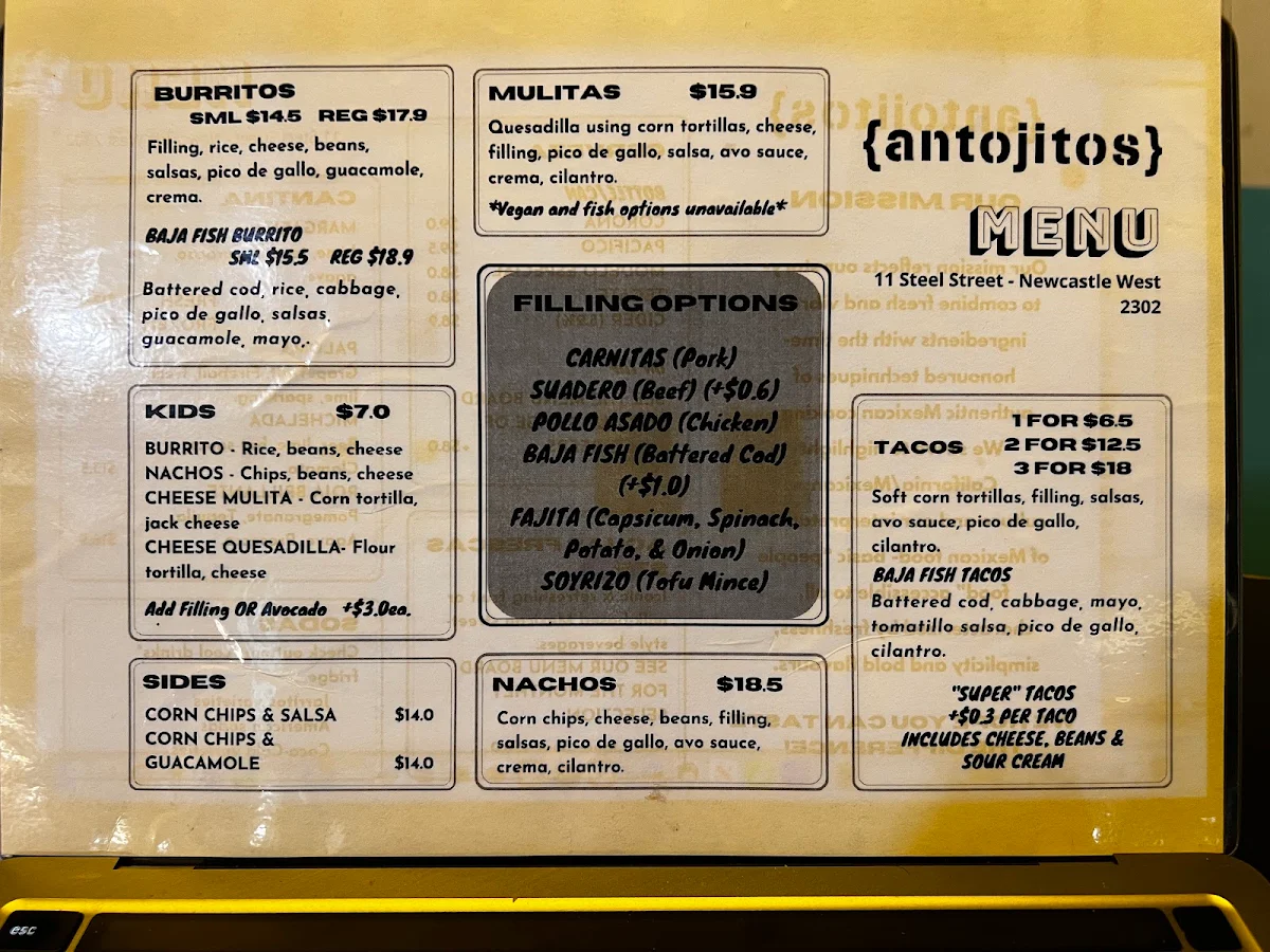 Menu, {antojitos} Taqueria - Mayfield