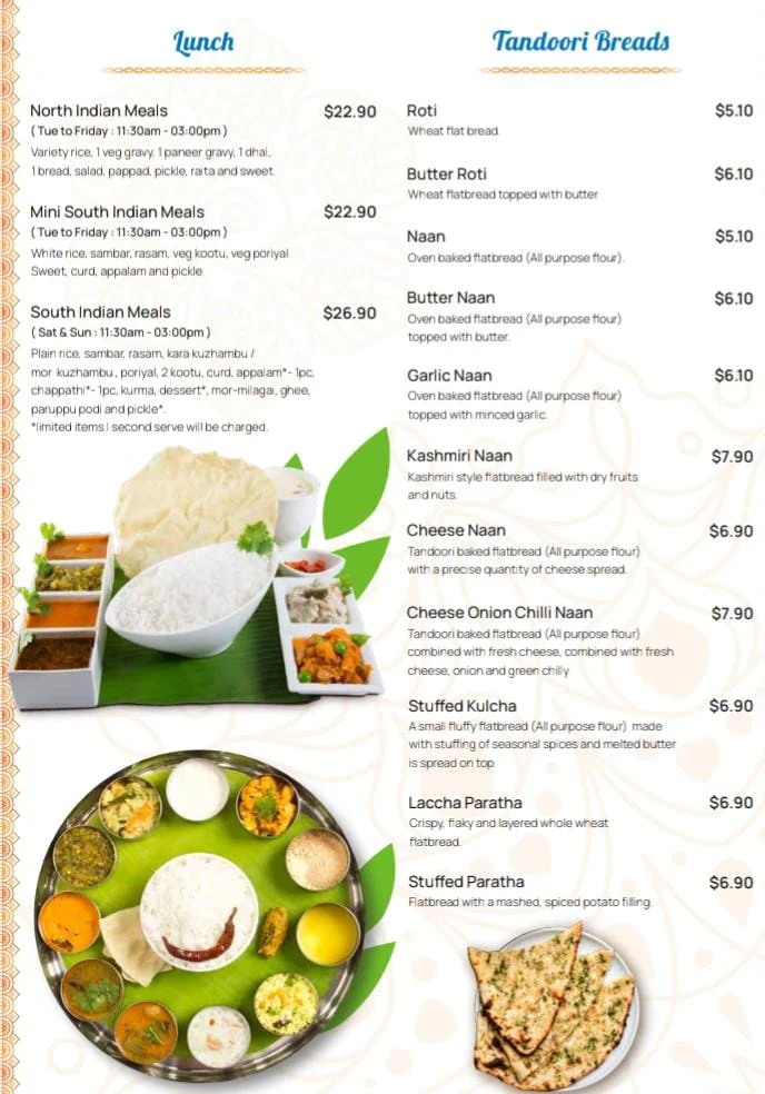 Menu, Adyar Ananda Bhavan Yokine (A2B Yokine)