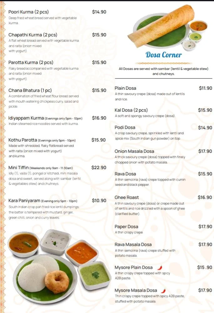 Menu, Adyar Ananda Bhavan Yokine (A2B Yokine)