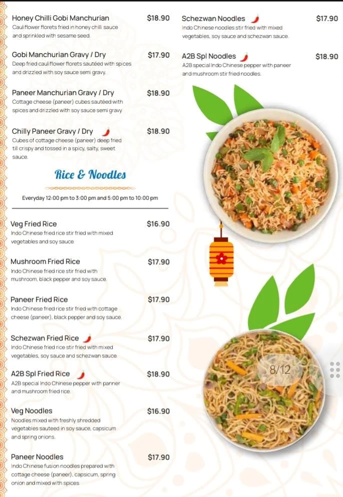 Menu, Adyar Ananda Bhavan Yokine (A2B Yokine)