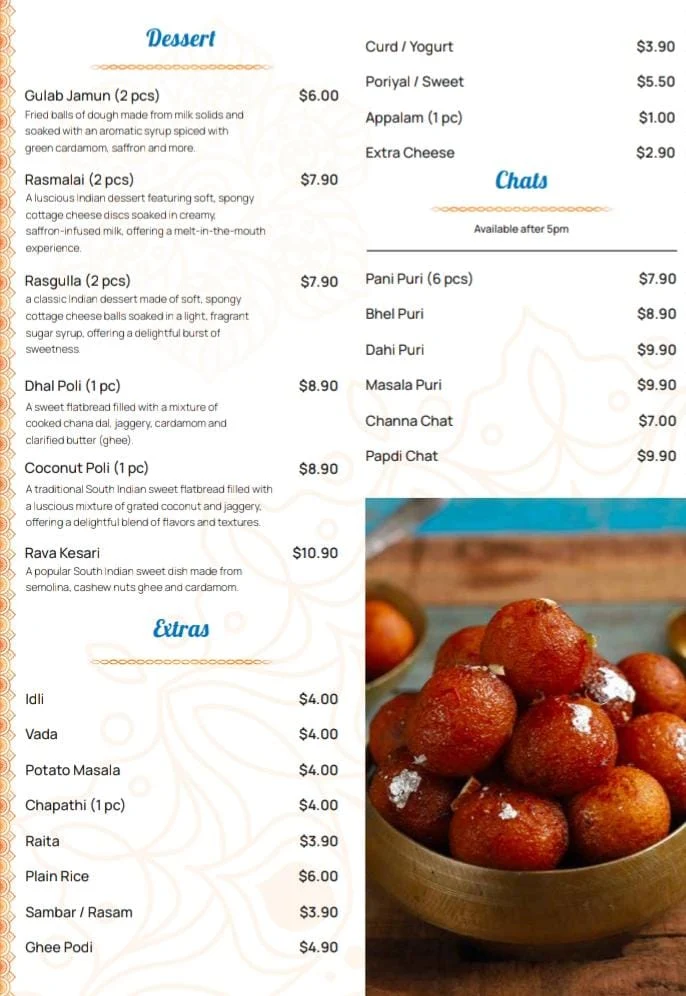 Menu, Adyar Ananda Bhavan Yokine (A2B Yokine)