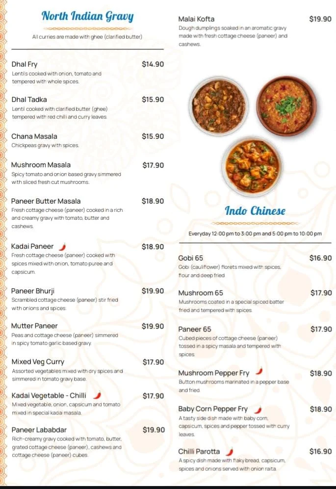 Menu, Adyar Ananda Bhavan Yokine (A2B Yokine)