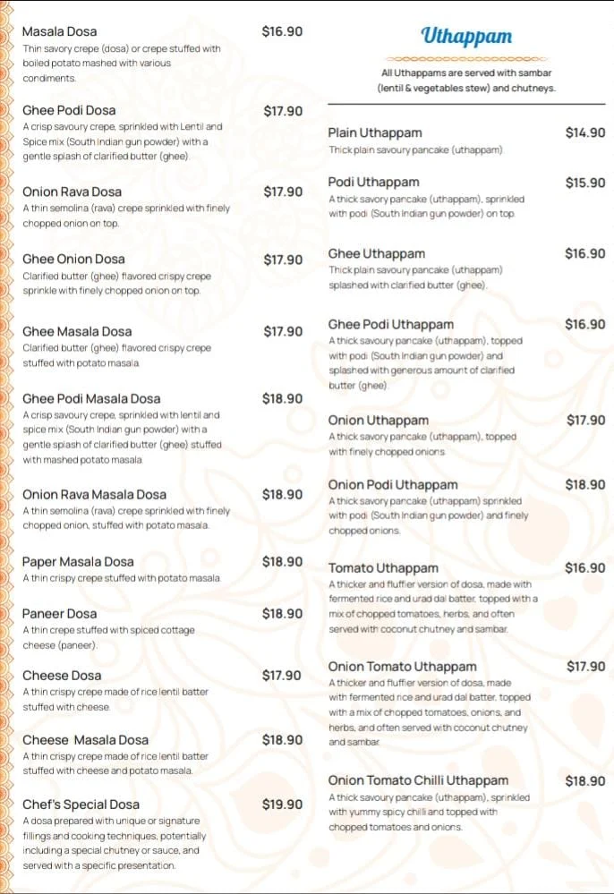 Menu, Adyar Ananda Bhavan Yokine (A2B Yokine)