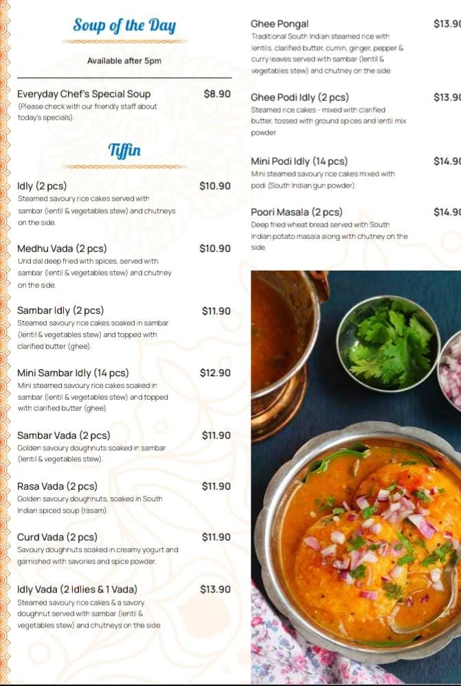 Menu, Adyar Ananda Bhavan Yokine (A2B Yokine)