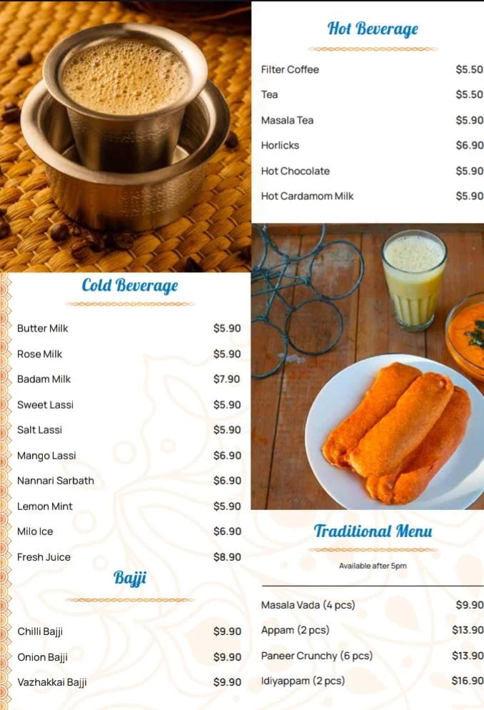 Menu, Adyar Ananda Bhavan Yokine (A2B Yokine)