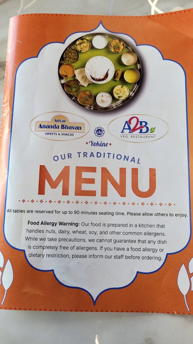 Menu, Adyar Ananda Bhavan Yokine (A2B Yokine)