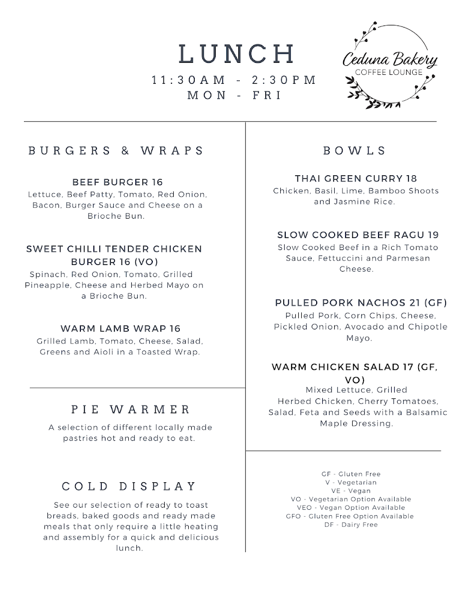Menu, Ceduna Bakery Coffee Lounge