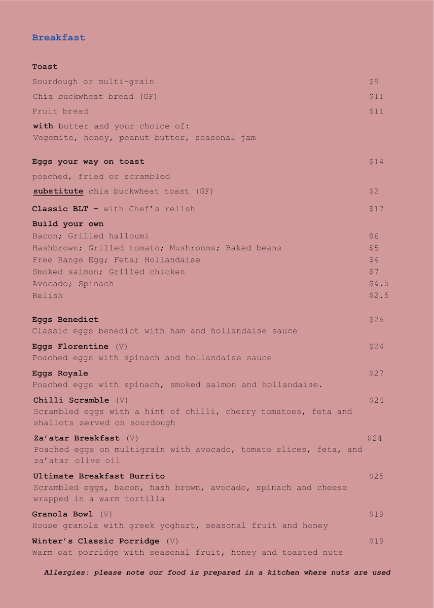 Menu, Silvs on Kennedy