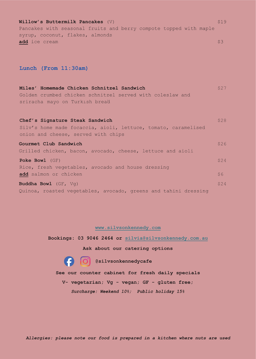 Menu, Silvs on Kennedy