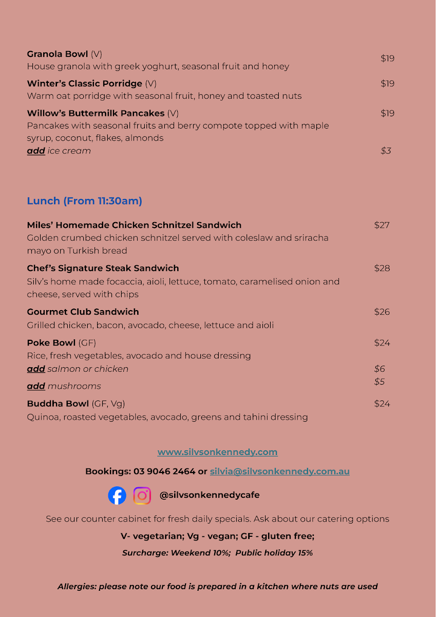 Menu, Silvs on Kennedy