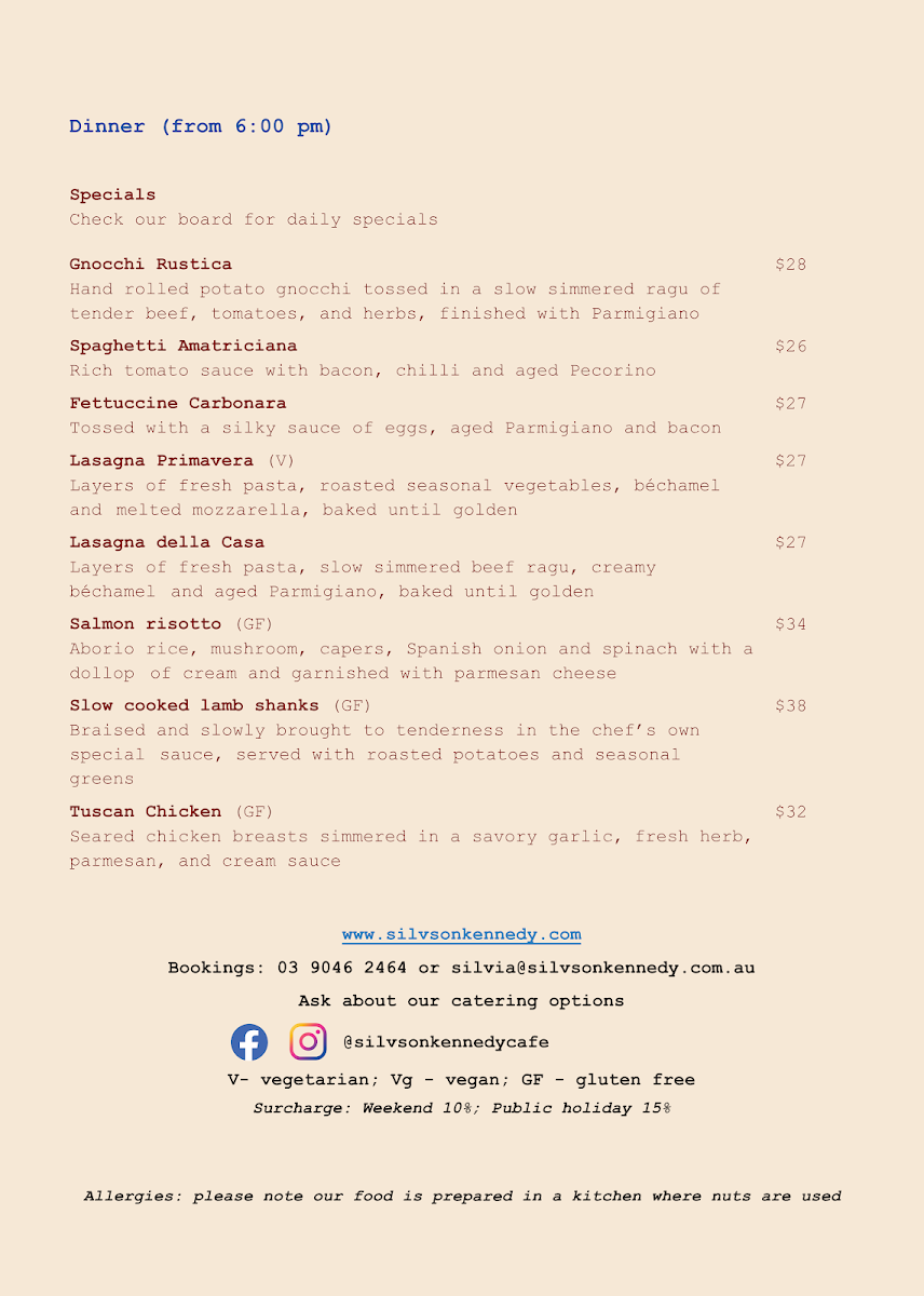 Menu, Silvs on Kennedy