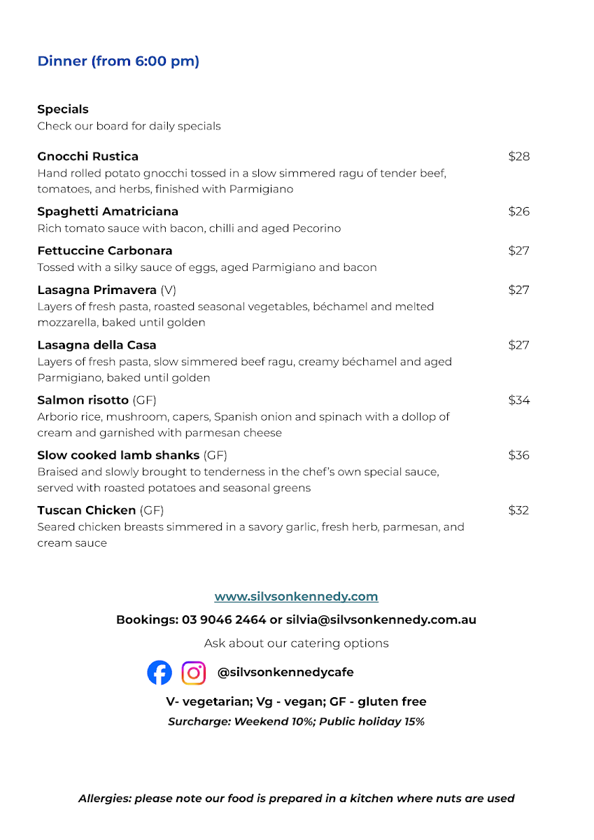 Menu, Silvs on Kennedy