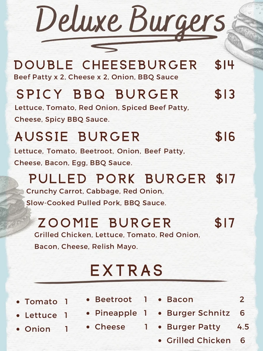 Menu, Zoomies Cafe