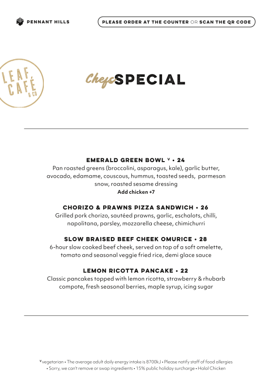 Menu, Leaf Café