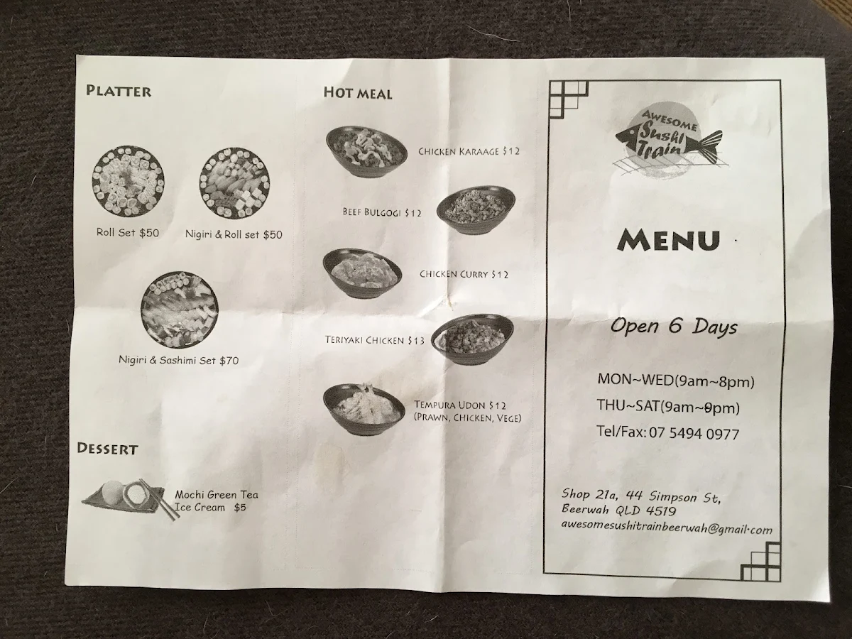 Menu, Awesome Sushi Train Restaurant
