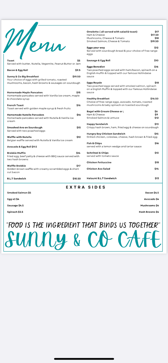 Menu, Sunny & Co Cafe