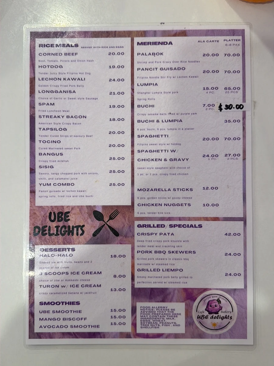 Menu, UBE Delights Cafe and Bakery - Purple Yam Desserts