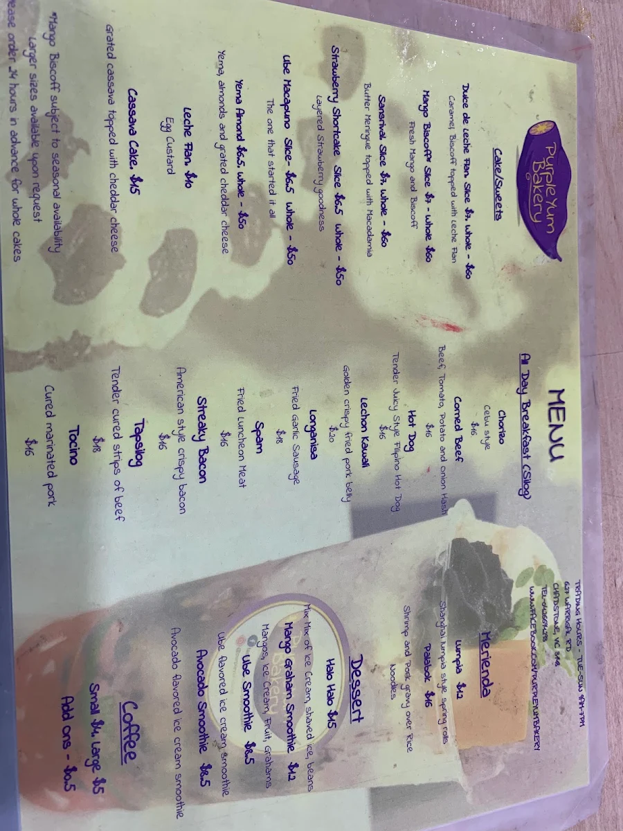 Menu, UBE Delights Cafe and Bakery - Purple Yam Desserts
