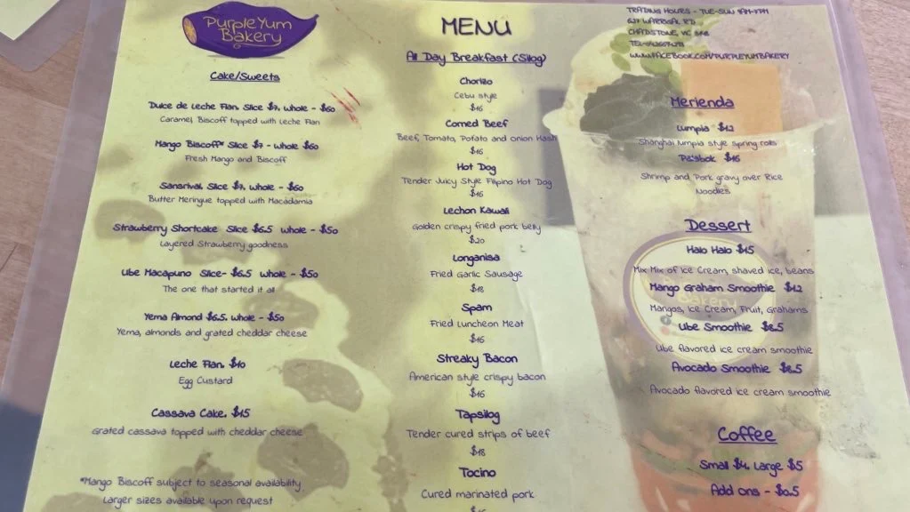 Menu, UBE Delights Cafe and Bakery - Purple Yam Desserts