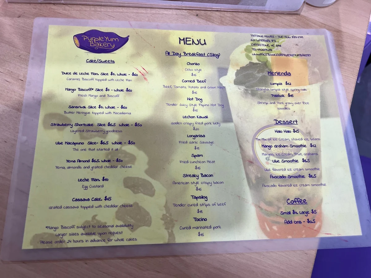 Menu, UBE Delights Cafe and Bakery - Purple Yam Desserts