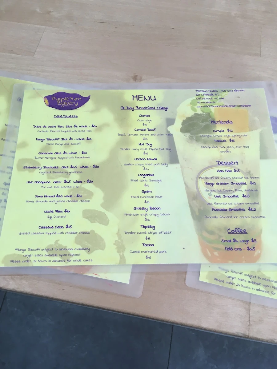 Menu, UBE Delights Cafe and Bakery - Purple Yam Desserts