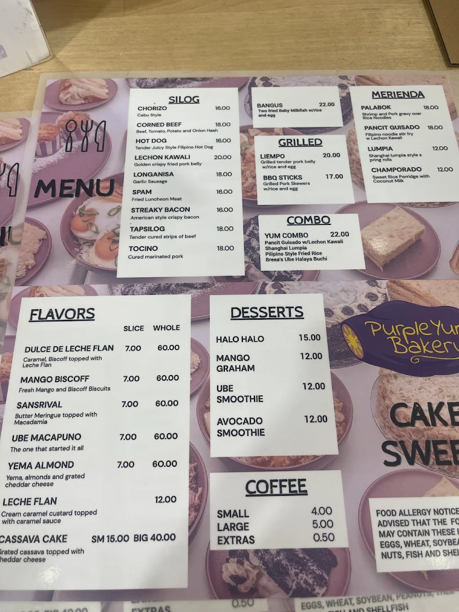 Menu, UBE Delights Cafe and Bakery - Purple Yam Desserts