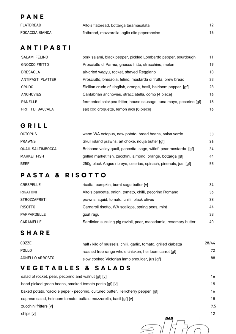 Menu, Bar Alto