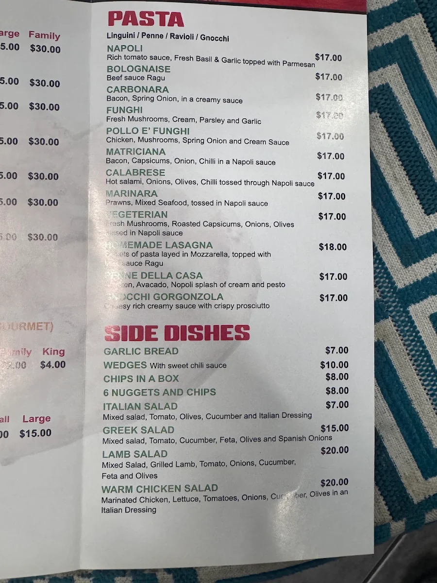 Menu, Dinah Parade Pizzeria.