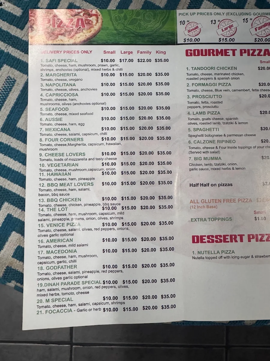 Menu, Dinah Parade Pizzeria.