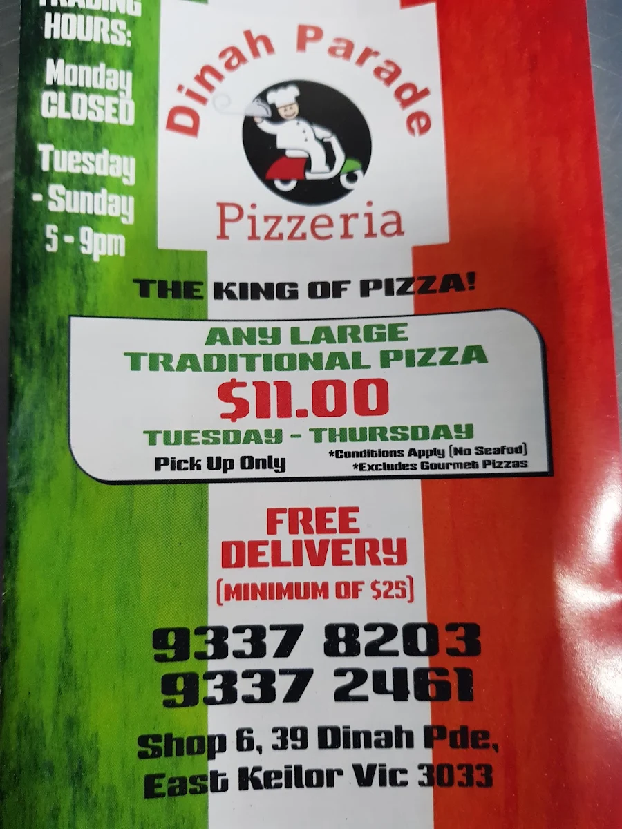 Menu, Dinah Parade Pizzeria.