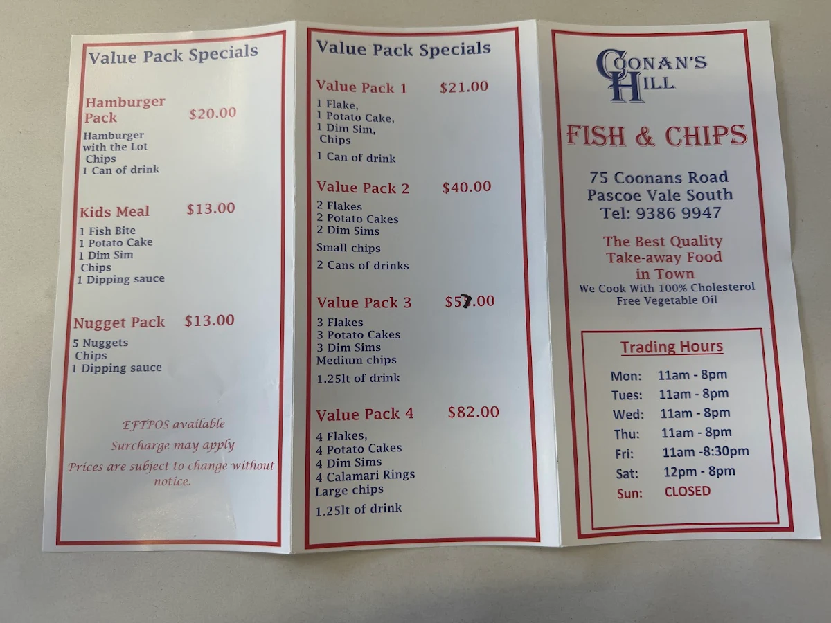 Menu, Coonan's hill fish and chips
